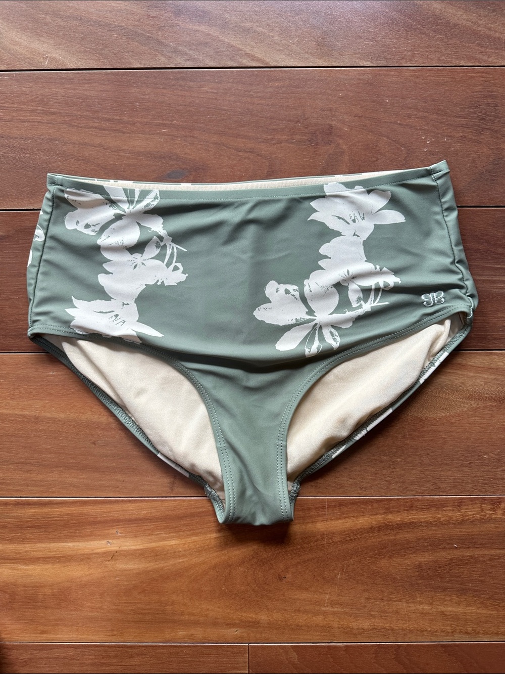 Albion Olive & White Floral High-Waist Bikini Bottom M